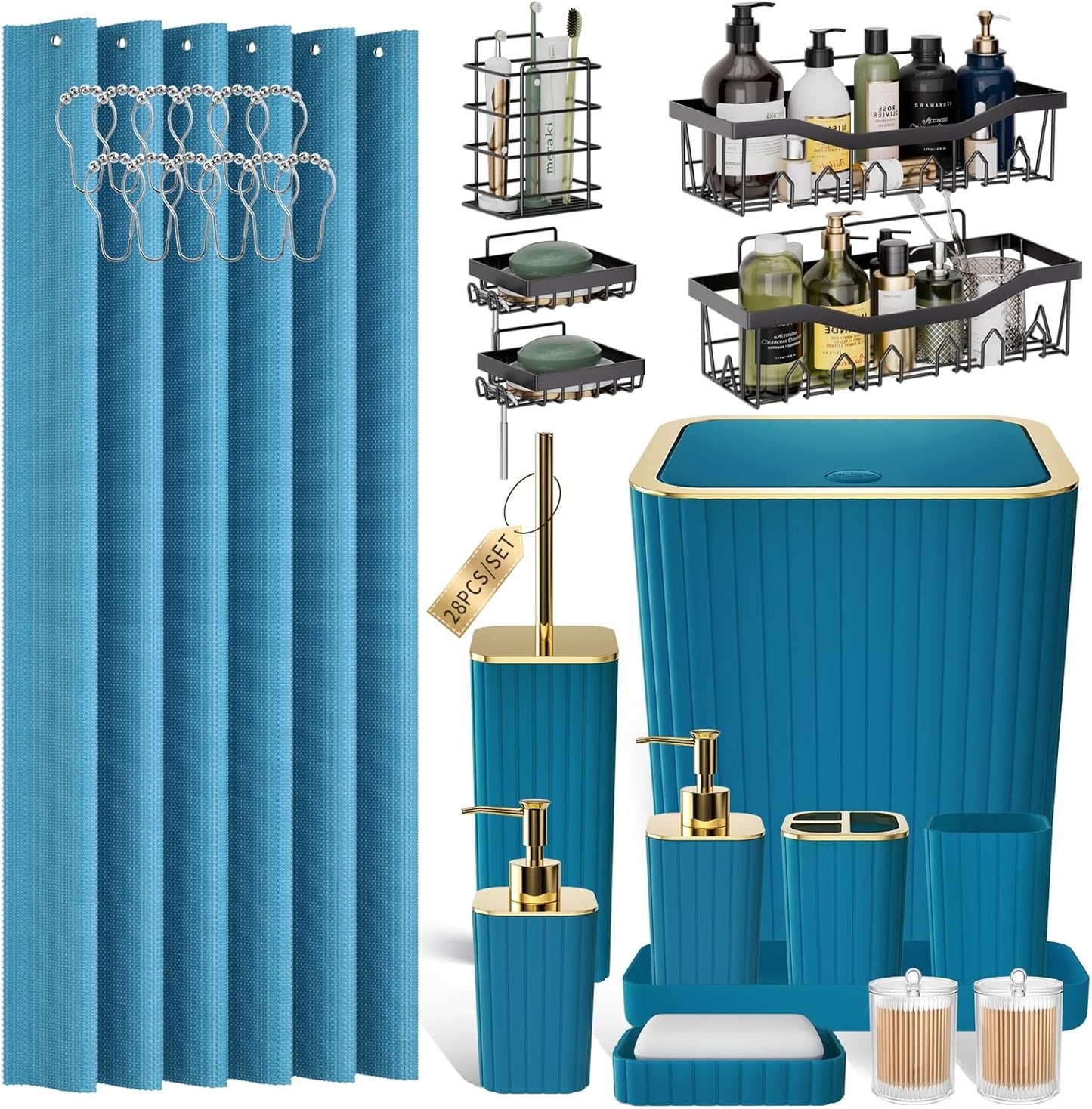 Bathroom Set with Shower Curtain and Rugs- 25PC Bathroom Accessory Set, Black Shower Curtain Set, Toilet Brush, Trash Can, Qtip Holder Dispenser & Soap Dispenser