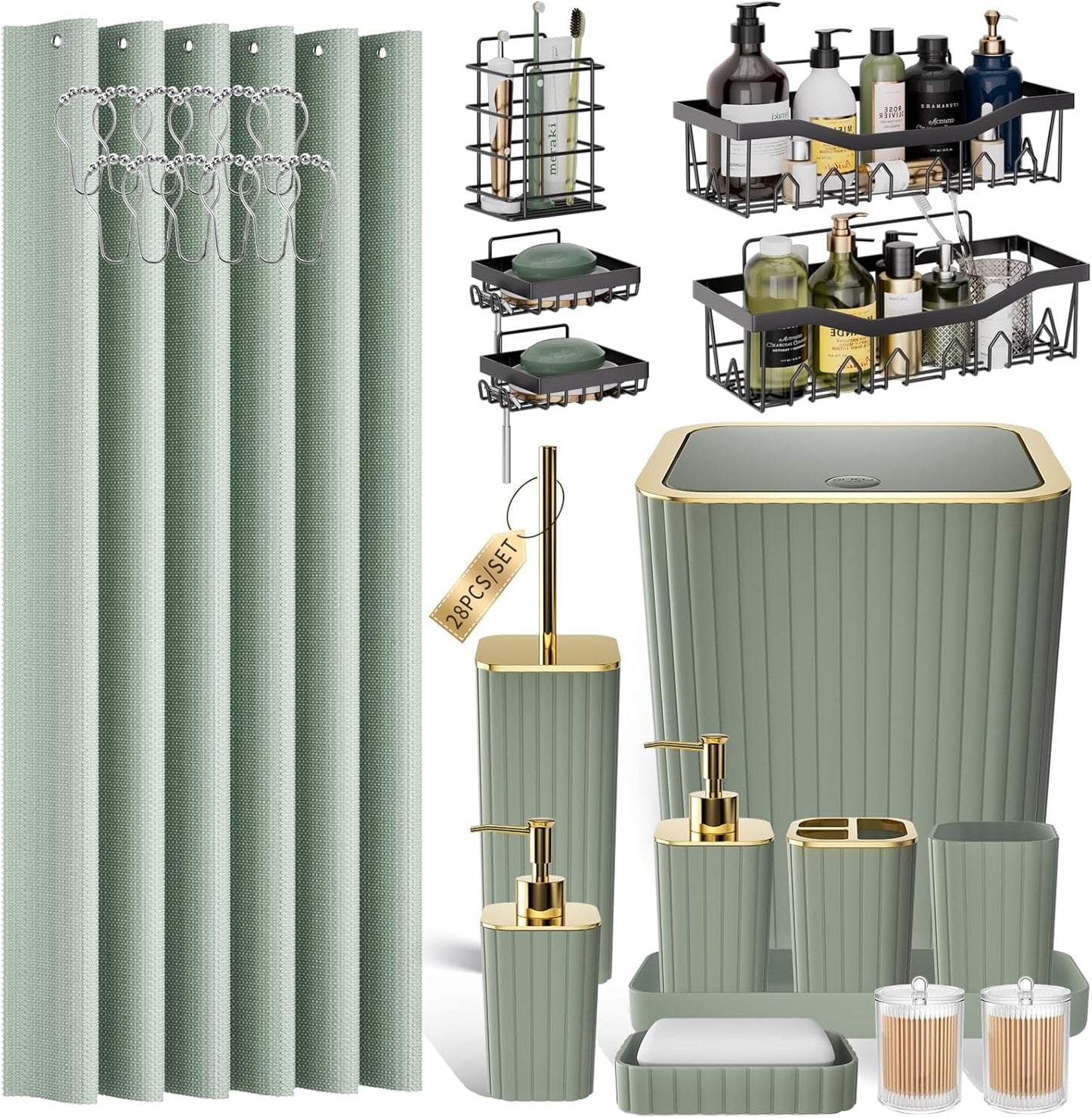 Bathroom Set with Shower Curtain and Rugs- 25PC Bathroom Accessory Set, Black Shower Curtain Set, Toilet Brush, Trash Can, Qtip Holder Dispenser & Soap Dispenser