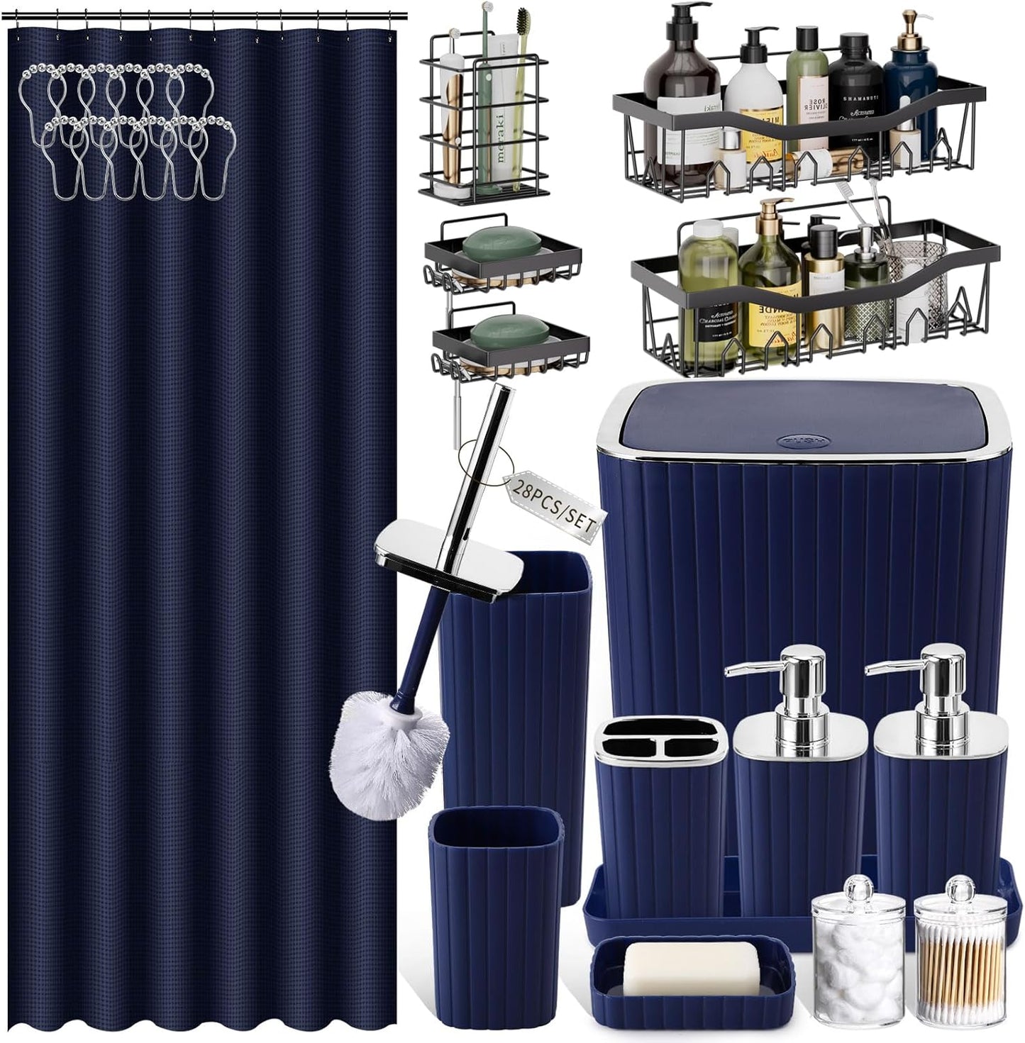 Bathroom Set with Shower Curtain and Rugs- 25PC Bathroom Accessory Set, Black Shower Curtain Set, Toilet Brush, Trash Can, Qtip Holder Dispenser & Soap Dispenser