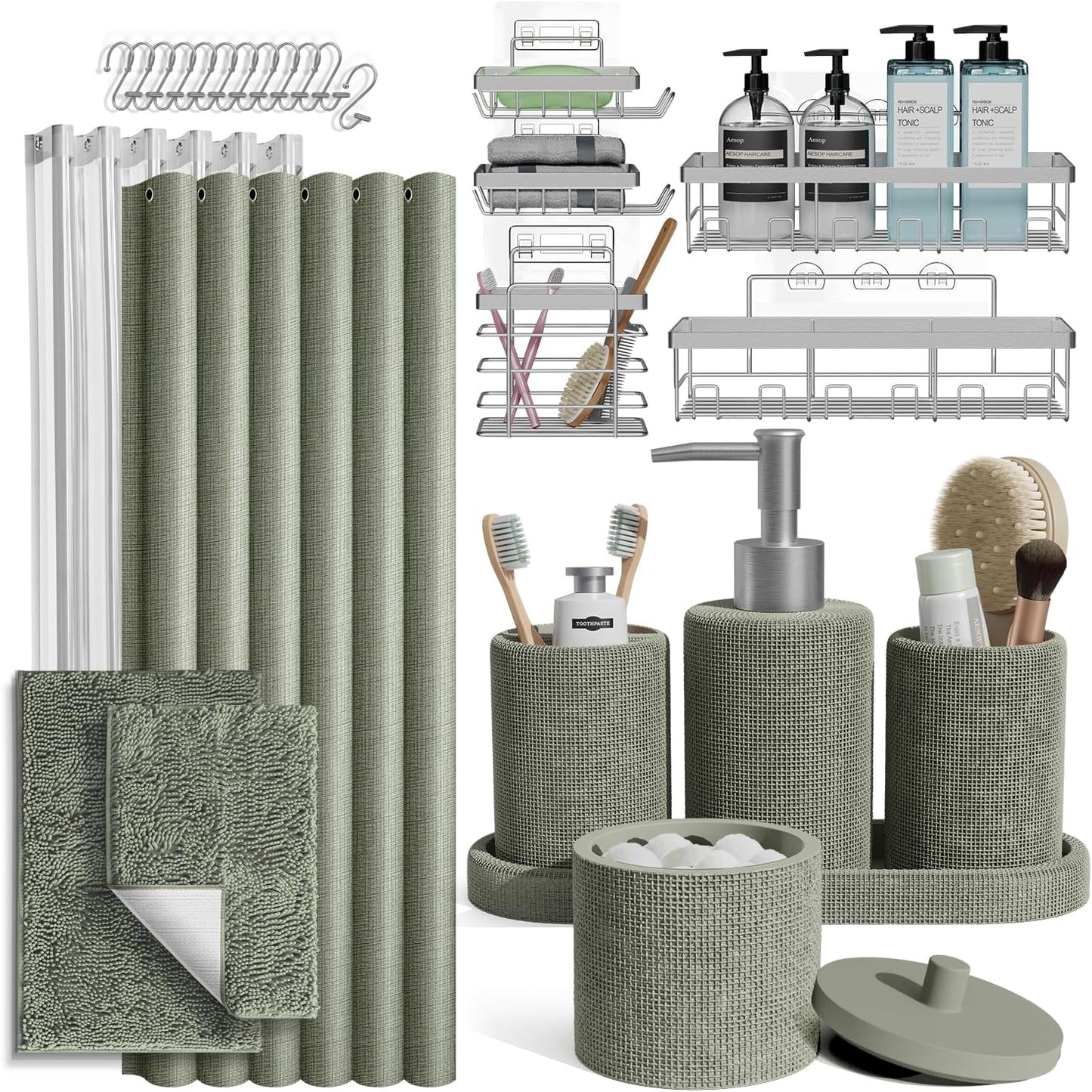 Clara Clark Sage Green Bathroom Set - Bathroom Sets with Shower Curtain and Rugs, 21PC Bathroom Accessory Set, Shower Curtain Set with Soap Dispenser & Toothbrush Holder