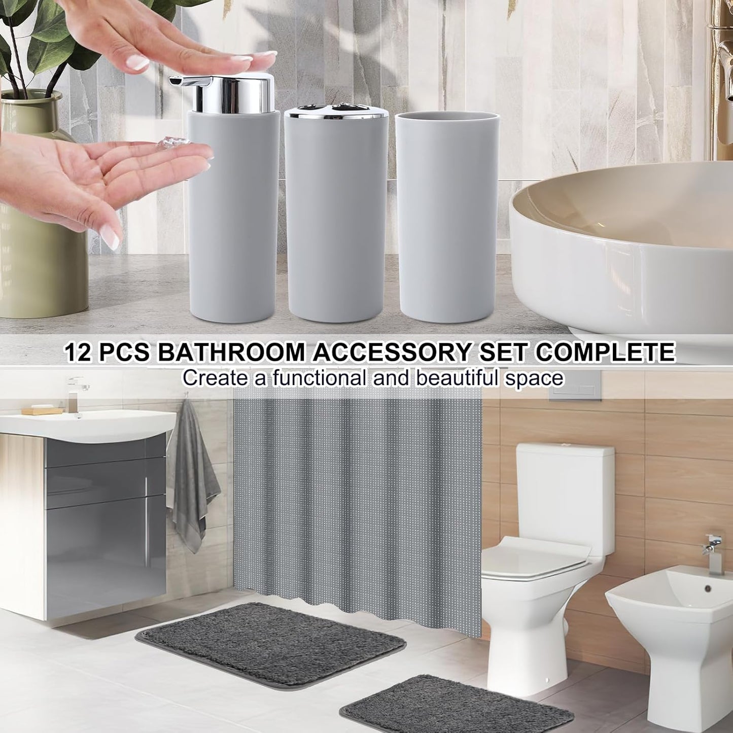 iMucci 24PCS Bathroom Accessories Set with Shower Curtainand Rugs,Bathroom Set Grey Shower Curtain Set Bathroom Decor