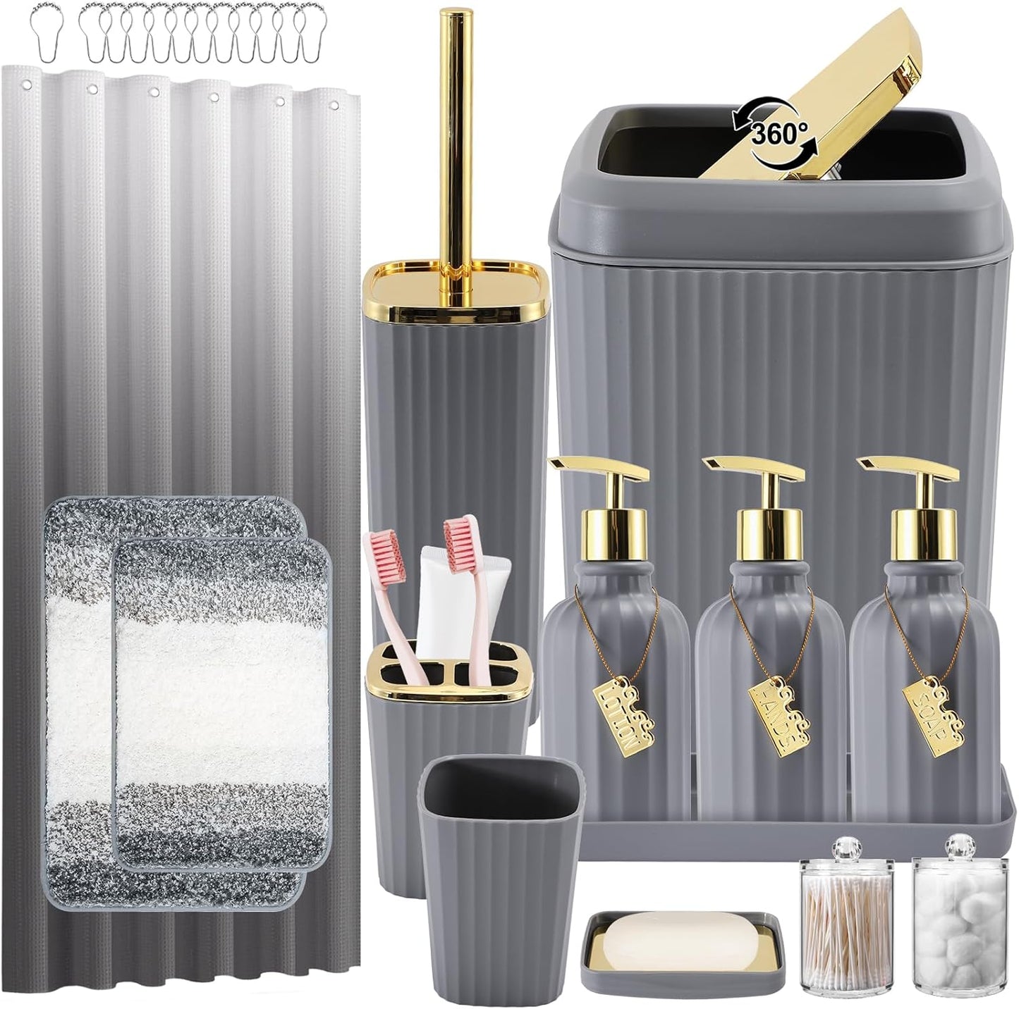32PCS Bathroom Accessory Set Bathroom Accessories Set Navy Blue Bathroom Set, Shower Curtain Set, 2 Piece Bath Towel Set, 3PC Soap Dispenser, Toilet Brush & Trash Can