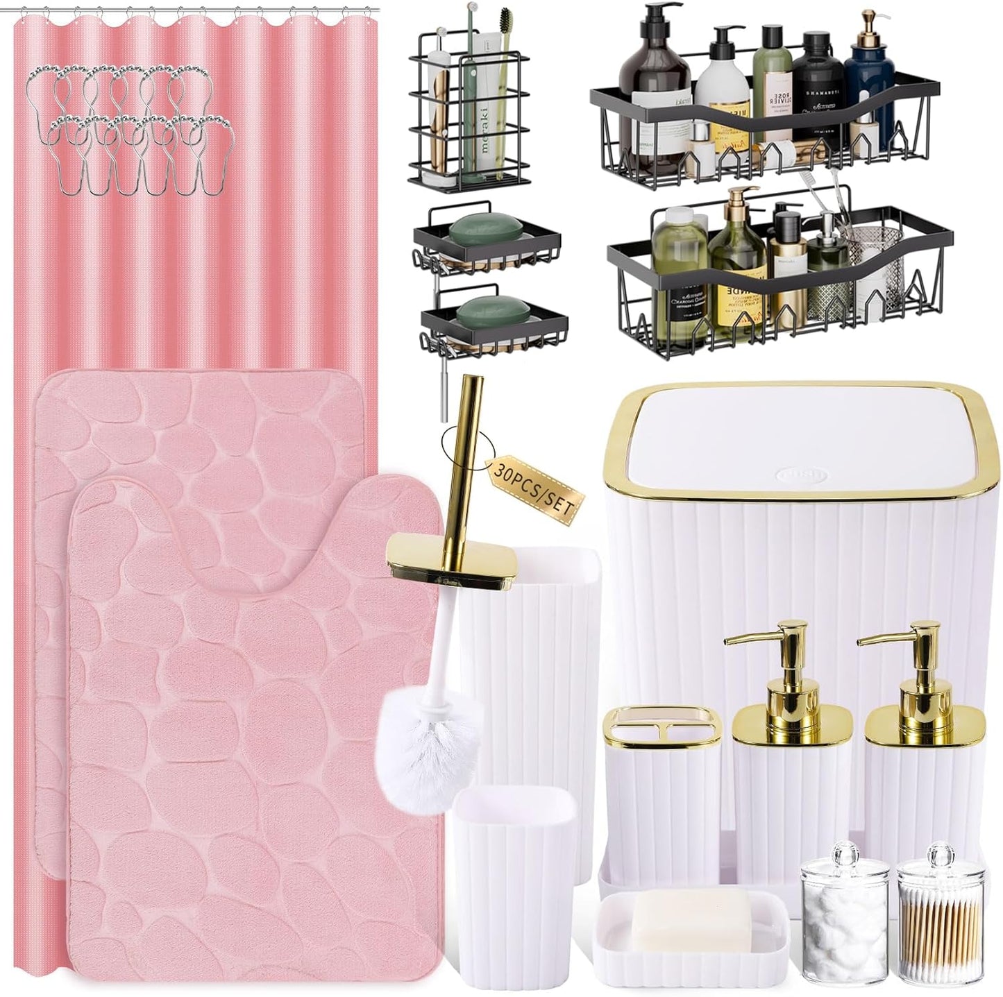 Bathroom Set with Shower Curtain and Rugs- 25PC Bathroom Accessory Set, Black Shower Curtain Set, Toilet Brush, Trash Can, Qtip Holder Dispenser & Soap Dispenser