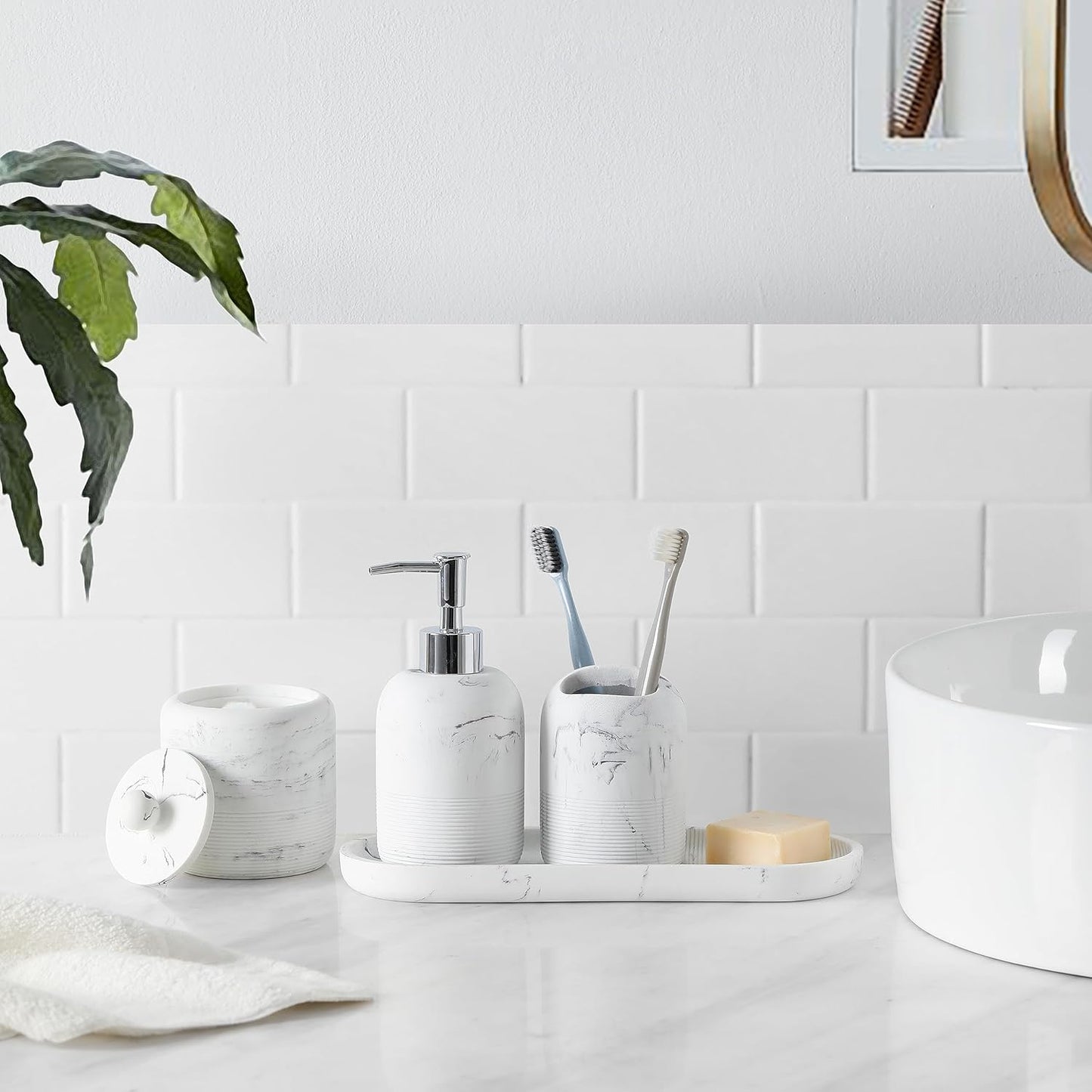 Bathroom Accessories Set, 5-Piece Resin Bath Accessory Complete Set with Lotion Dispenser/Soap Pump, Cotton Jar, Tray, Tumbler and Toothbrush Holder (Marble Look)